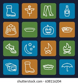 Seasonal icons set. set of 16 seasonal outline icons such as scarecrow, woman boots, boot, maple syrup, pie, moon and stars, pumpkin haloween, umbrella