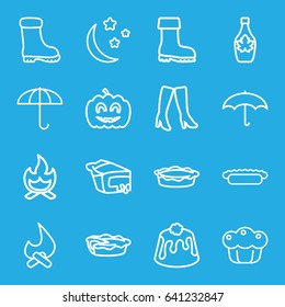 Seasonal icons set. set of 16 seasonal outline icons such as woman boots, boot, maple syrup, pie, moon and stars, pumpkin haloween, umbrella