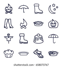 Seasonal icons set. set of 16 seasonal outline icons such as scarecrow, woman boots, boot, pie, moon and stars, pumpkin haloween, umbrella