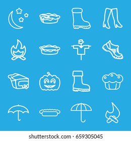 Seasonal icons set. set of 16 seasonal outline icons such as scarecrow, woman boots, boot, pie, moon and stars, pumpkin haloween, umbrella