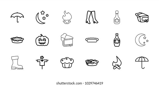 Seasonal icons. set of 18 editable outline seasonal icons: scarecrow, woman boots, umbrella, bonfire, maple syrup, pie, moon and stars, pumpkin haloween