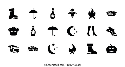 Seasonal icons. set of 18 editable filled seasonal icons: woman boots, boot, umbrella, bonfire, maple syrup, pie, moon and stars, pumpkin haloween