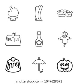 Seasonal icons. set of 9 editable outline seasonal icons such as pie, pumpkin haloween, scarecrow, woman boots, umbrella, bonfire