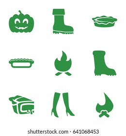 Seasonal icons set. set of 9 seasonal filled icons such as woman boots, boot, pie, pumpkin haloween