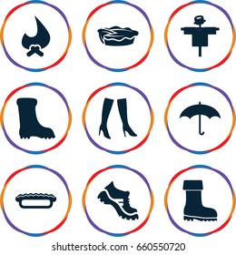 Seasonal icons set. set of 9 seasonal filled icons such as scarecrow, woman boots, boot, pie, umbrella