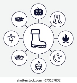 Seasonal icons set. set of 9 seasonal filled and outline icons such as pie, pumpkin haloween, bonfire, scarecrow, woman boots, boot