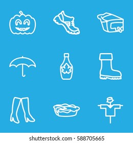 seasonal icons set. Set of 9 seasonal outline icons such as scarecrow, woman boots, boot, maple syrup, pie, pumpkin halloween