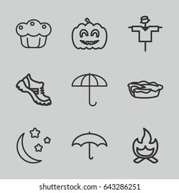 Seasonal icons set. set of 9 seasonal outline icons such as scarecrow, boot, pie, moon and stars, pumpkin haloween, umbrella