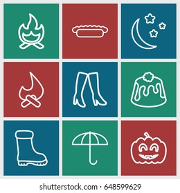 Seasonal icons set. set of 9 seasonal outline icons such as woman boots, boot, pie, moon and stars, pumpkin haloween, bonfire
