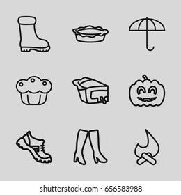Seasonal icons set. set of 9 seasonal outline icons such as woman boots, boot, pie, pumpkin halloween, umbrella
