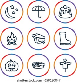 Seasonal icons set. set of 9 seasonal outline icons such as scarecrow, boot, pie, moon and stars, pumpkin haloween, bonfire