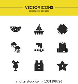 Seasonal icons set with backpack, dolphin and lemonade elements. Set of seasonal icons and sailboat concept. Editable vector elements for logo app UI design.