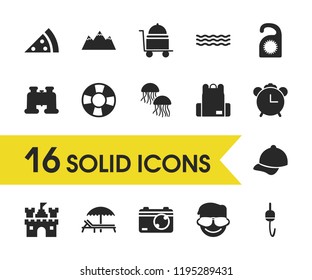 Seasonal icons set with baseball hat, binoculars and photo camera elements. Set of seasonal icons and door hanger concept. Editable vector elements for logo app UI design.