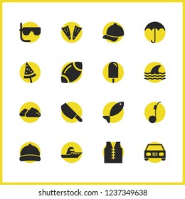 Seasonal icons set with baseball hat, vest and parasol elements. Set of seasonal icons and monowheel concept. Editable vector elements for logo app UI design.