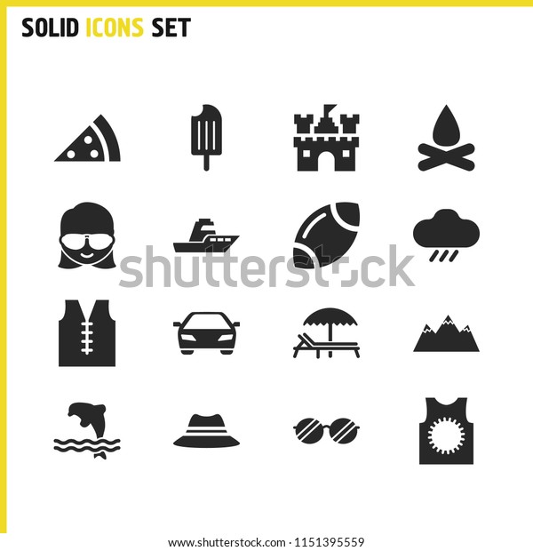 Seasonal icons set with car,\
castle and umbrella with lounger elements. Set of seasonal icons\
and fortress concept. Editable vector elements for logo app UI\
design.