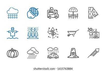 seasonal icons set. Collection of seasonal with fireworks, pilgrim, rain, storm, pumpkin, campfire, wheelbarrow, scarecrow, scarf, umbrella. Editable and scalable seasonal icons.