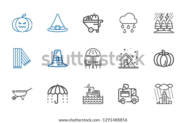 seasonal icons set.
Collection of seasonal with rain, ice cream car, storm, umbrella,
wheelbarrow, pumpkin, pilgrim, scarf, raining, witch hat. Editable
and scalable seasonal
icons.