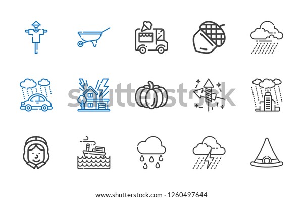 seasonal icons set. Collection of seasonal with\
witch hat, storm, raining, pilgrim, rain, fireworks, pumpkin,\
acorn, ice cream car, wheelbarrow. Editable and scalable seasonal\
icons.