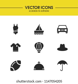 Seasonal icons set with costume, yacht and t-shirt elements. Set of seasonal icons and swimsuit concept. Editable vector elements for logo app UI design.