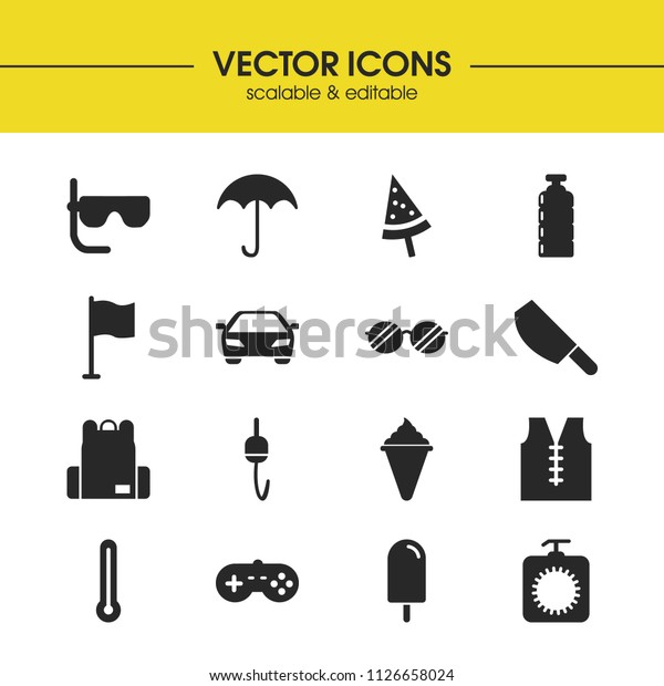 Seasonal icons set with gamepad, water and\
backpack elements. Set of seasonal icons and rod concept. Editable\
vector elements for logo app UI\
design.