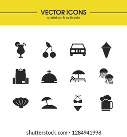 Seasonal icons set with jellyfish, shell and backpack elements. Set of seasonal icons and car concept. Editable vector elements for logo app UI design.