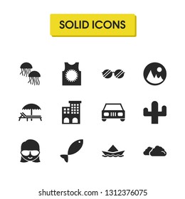 Seasonal icons set with overcast, architecture and jellyfish elements. Set of seasonal icons and t-shirt concept. Editable vector elements for logo app UI design.