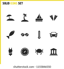 Seasonal icons set with spectacles, fish and crab elements. Set of seasonal icons and diver shoe concept. Editable vector elements for logo app UI design.