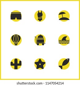 Seasonal icons set with starfish, shark and cactus elements. Set of seasonal icons and seafood concept. Editable vector elements for logo app UI design.