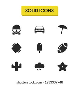 Seasonal icons set with sun, popsicle and starfish elements. Set of seasonal icons and cacti concept. Editable vector elements for logo app UI design.