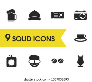 Seasonal icons set with tanning, wineglass and spectacles elements. Set of seasonal icons and ale mug concept. Editable vector elements for logo app UI design.