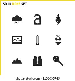 Seasonal icons set with thermometer, cloud, candy elements. Set of seasonal icons and jacket concept. Editable vector elements for logo app UI design.