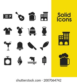 Seasonal icons set with t-shirt, margarita and wineglass elements. Set of seasonal icons and acoustic concept. Editable vector elements for logo app UI design.