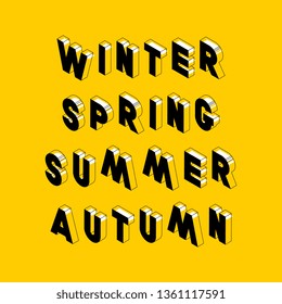 seasonal isometric vector concept illustration. abstract trend retro typography with words 'winter spring summer autumn' in geometric 3D shape style on yellow background. eps 10