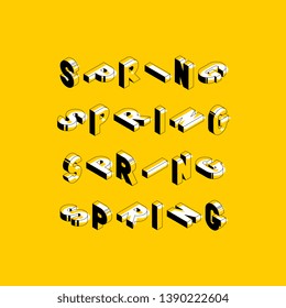 seasonal isometric vector concept illustration. abstract trend retro typography with word 'spring' in geometric 3D shape style on yellow background. eps 10