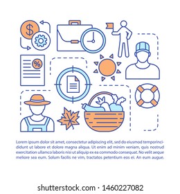 Seasonal job article page vector template. Temporary recruitment. Brochure, magazine, booklet design element with linear icons and text boxes. Print design. Concept illustrations with text space 