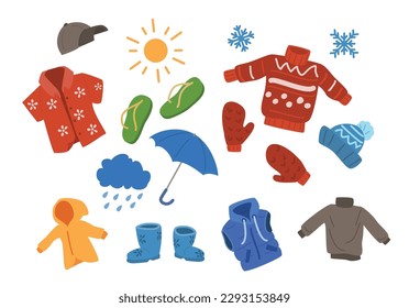 Seasonal kids clothes, cartoon flat vector illustration isolated on white background. Set of various apparel for kids. Summer, autumn, winter and spring clothes.