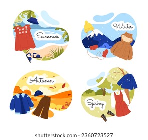 Afiches estacionales de ropa para niños. Vestidos y pantalones con chaqueta al fondo de escenas naturales. Verano, invierno, primavera y otoño. Colección vectorial plana de dibujos animados aislada en fondo blanco