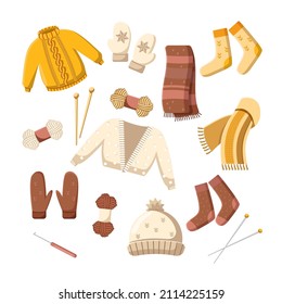 Seasonal Knitwear From Wool Vector Illustrations Set. Crochet, Handmade Woolen Hat, Scarf, Sweater, Jumper Or Pullover, Turtleneck On White Background. Winter Or Autumn, Clothes, Accessories Concept