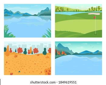 Seasonal landscape flat color vector illustration set. Lake for watersport. Golf field. City park with skyline. Urban and rural 2D cartoon landscape with daytime sky on background collection