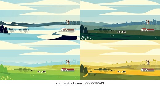 Seasonal landscape. Summer spring fall winter park with trees, flowers and grass, cartoon background with sun and sky. Vector illustration of summer and spring, autumn and winter