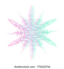 Seasonal mandala snowflake. Holographic effect on white isolated background. Winter pattern.