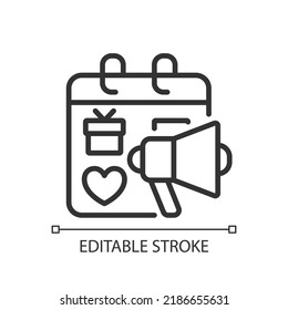 Seasonal marketing pixel perfect linear icon. Promoting sales on special holidays. Seasonality trend. Thin line illustration. Contour symbol. Vector outline drawing. Editable stroke. Arial font used