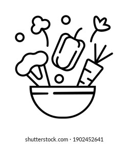 Seasonal menu icon vector in outline style. Cauliflower, peppers, carrots, vegetables fall into the bowl. Parsley, celery and peas are added to the dish. Vegan food or salad sign.