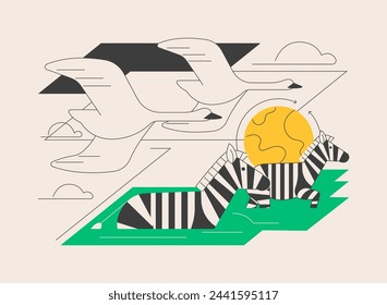 Seasonal migration abstract concept vector illustration. Seasonal migration of birds, seasonal movement, habitat, swan duck, wildebeest zebras, crossing river, flying in sky abstract metaphor.