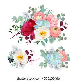 Seasonal mixed bouquets of peony, ranunculus, succulents, wild rose, carnation, brunia, blackberries and eucalyptus leaves vector design set. All elements are isolated and editable.