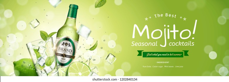 Saisonale Mojito-Bannerwerbung mit fliegenden Eiswürfeln und grünen Blättern auf glänzendem Hintergrund, 3D-Illustration