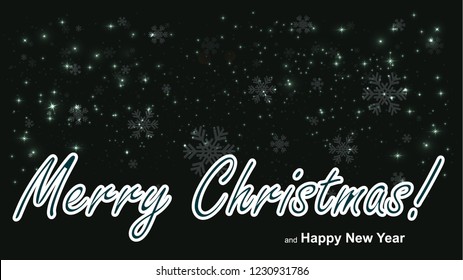 Seasonal Monochrome Greeting Card with Merry Christmas Lettering on Black Snowflake Background. Vector Illustration