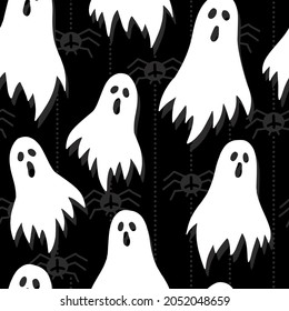 seasonal monochrome halloween seamless pattern with scary ghost silhouettes isolated on dark background