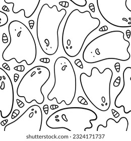 seasonal monochrome linear cartoon halloween seamless pattern with scary ghosts and corn seeds silhouettes isolated on white background for paper wallpaper web 