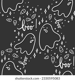 seasonal monochrome linear cartoon halloween seamless pattern with scary ghosts silhouettes isolated on dark background for print fabric paper wallpaper and web